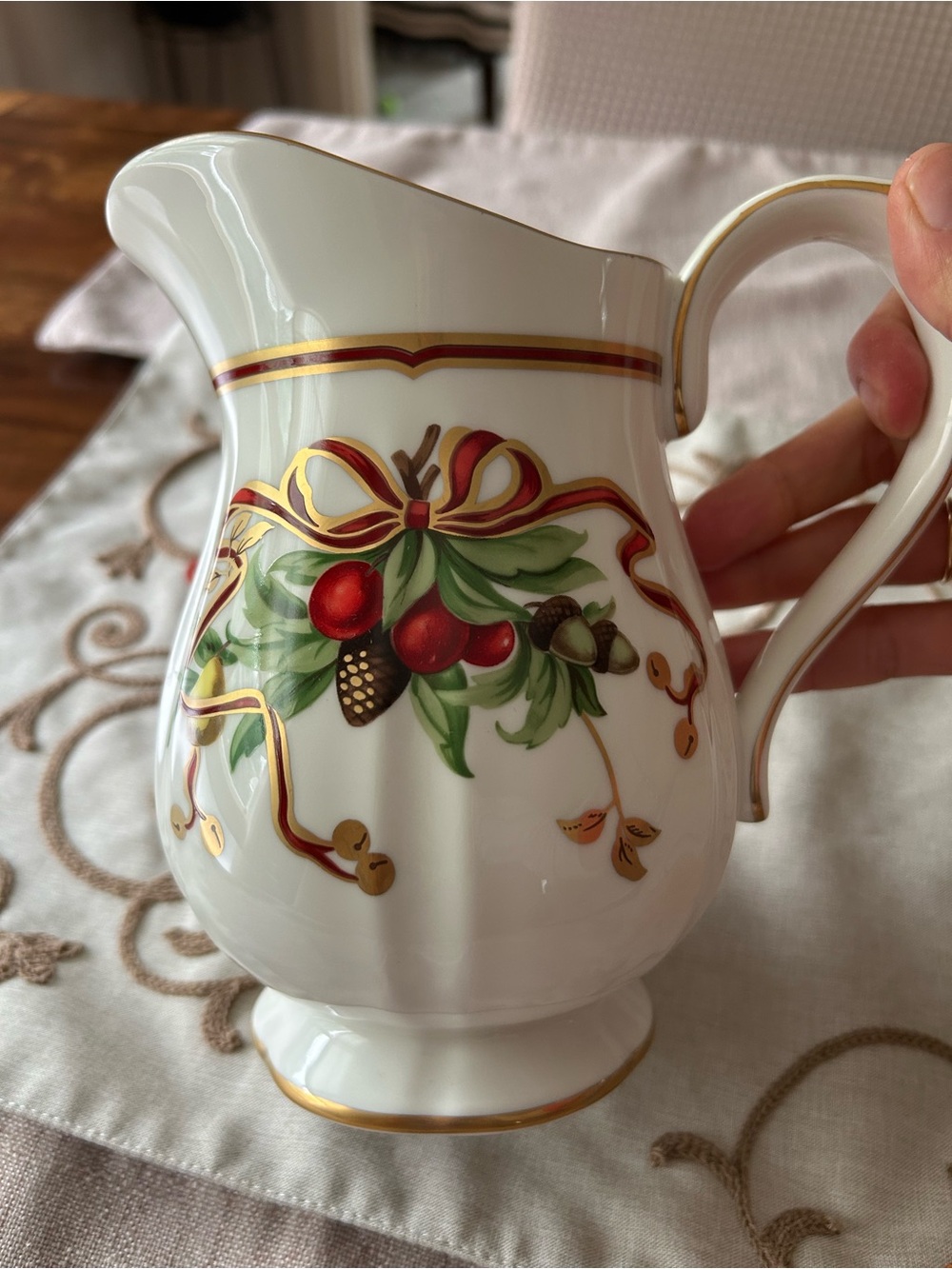Rare Tiffany and Co Holiday Creamer Pitcher with Red Berry and Gold Trim